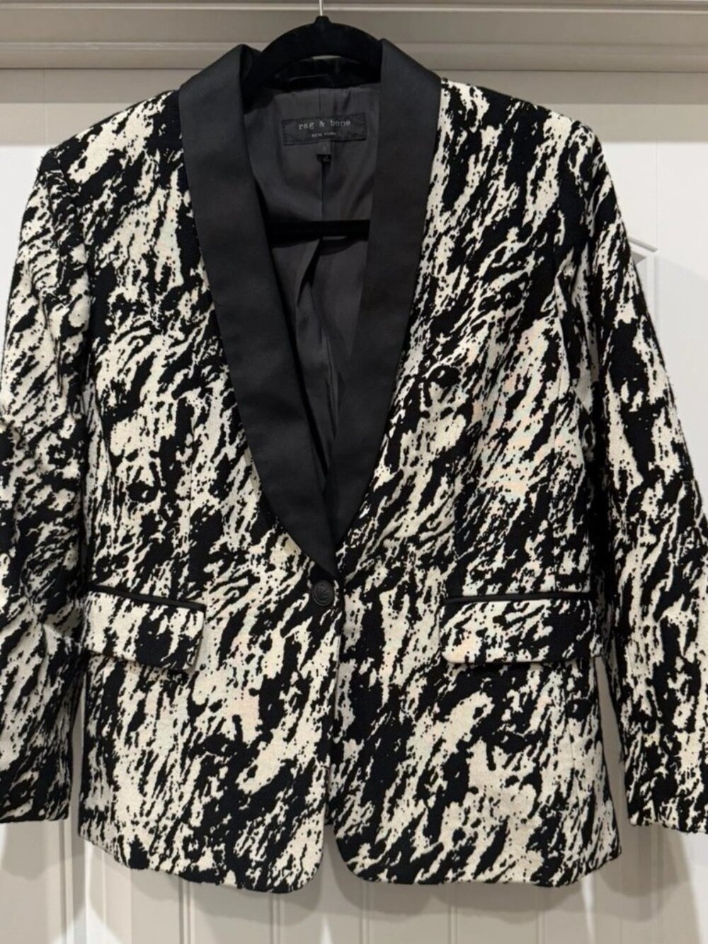 Rag & Bone Harper Jacquard Blazer Wool Blend Women's 8 Black Ivory NWOT